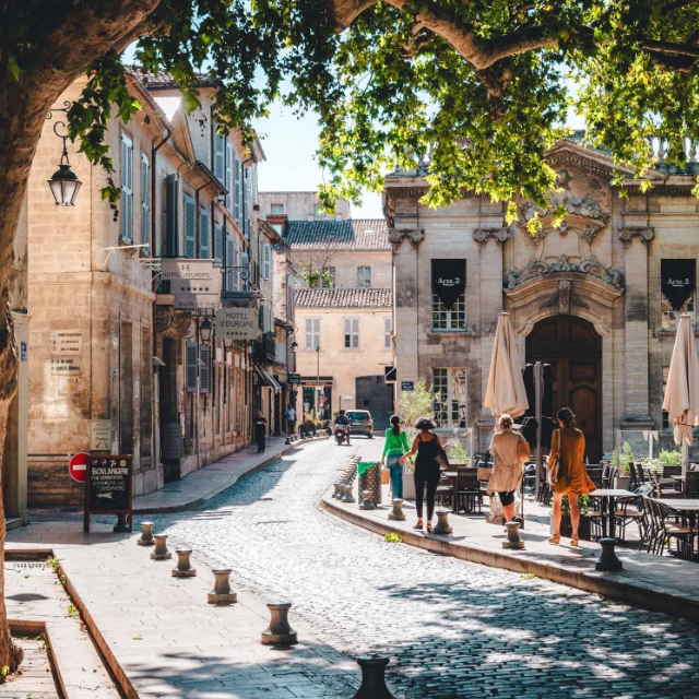 Vue du Palais des Papes et du Pont d'Avignon avec ses commerces et restaurants optimisés pour le référencement local avec BravoClient.