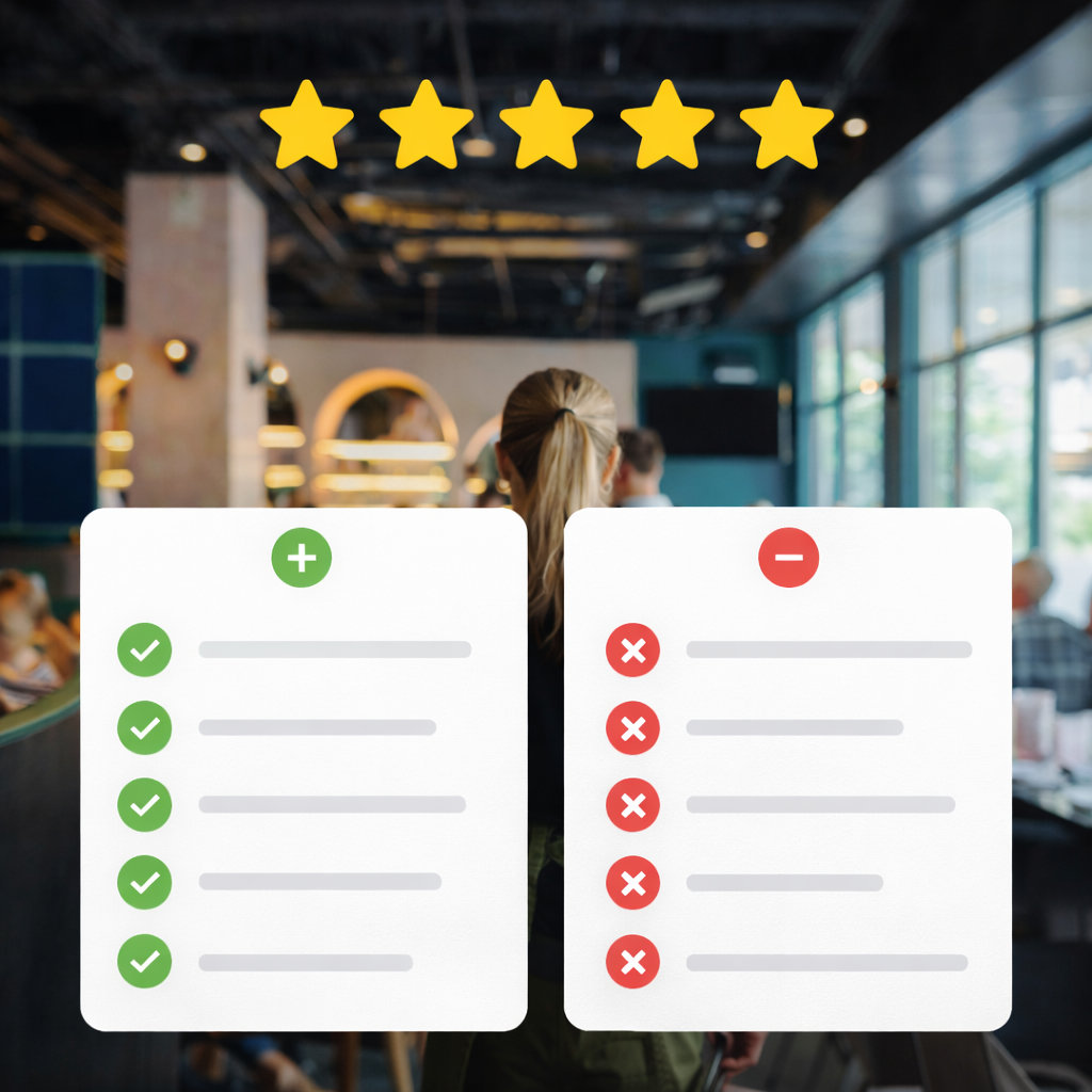 Five yellow stars above two lists in a cafe setting: the left list with green check marks and a plus sign, the right list with red x marks and a minus sign.