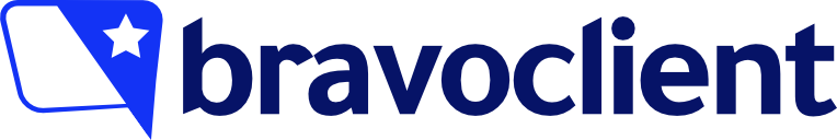 BravoClient company logo featuring a stylized blue ticket icon with a white star and the text 'bravoclient' in bold blue letters.