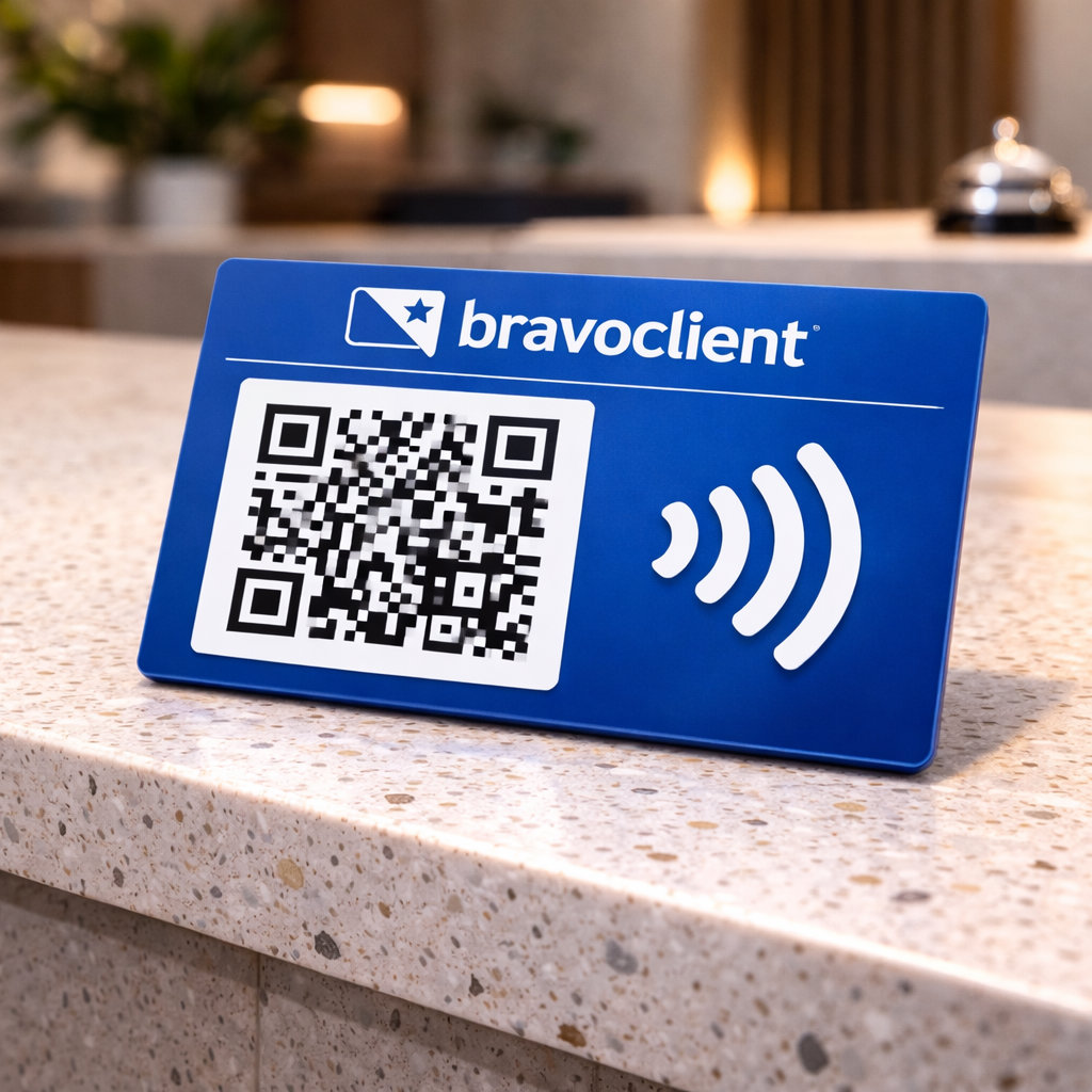 Blue signage on a marble counter displaying a QR code with the text 'bravoclient' and a contactless payment symbol.
