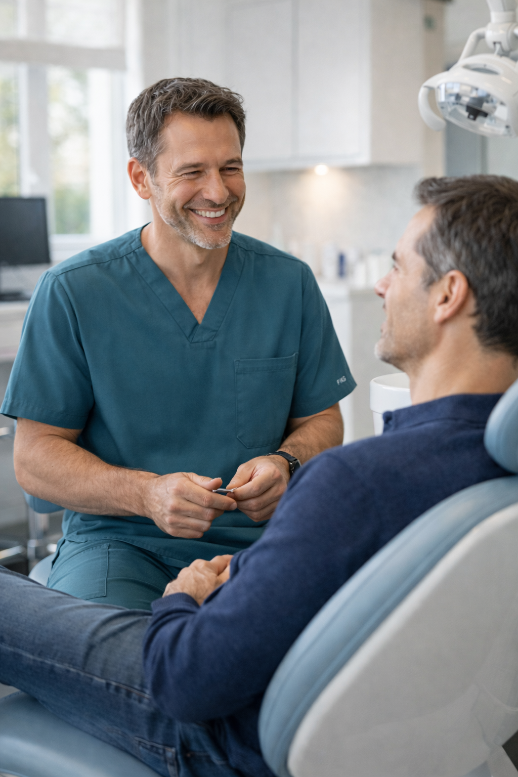 Dentiste et patient dans un cabinet dentaire moderne illustrant la confiance, la réputation locale et les avis Google.