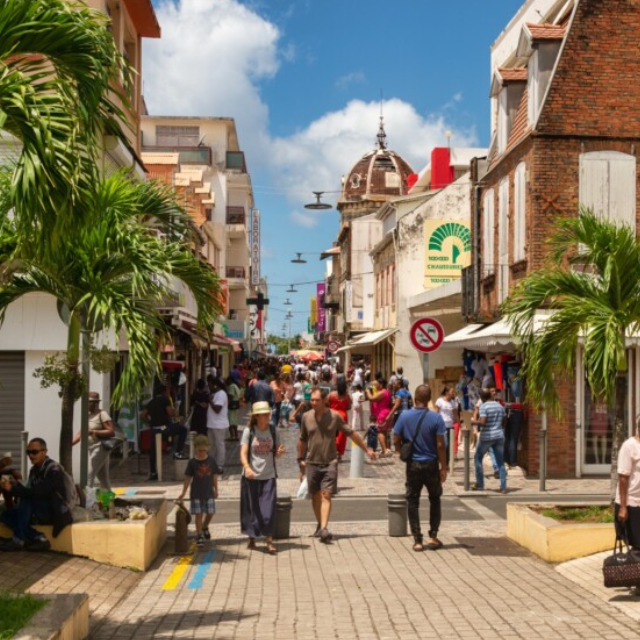 Vue de la baie de Fort-de-France en Martinique avec ses commerces locaux et restaurants créoles optimisés pour le référencement local avec BravoClient.